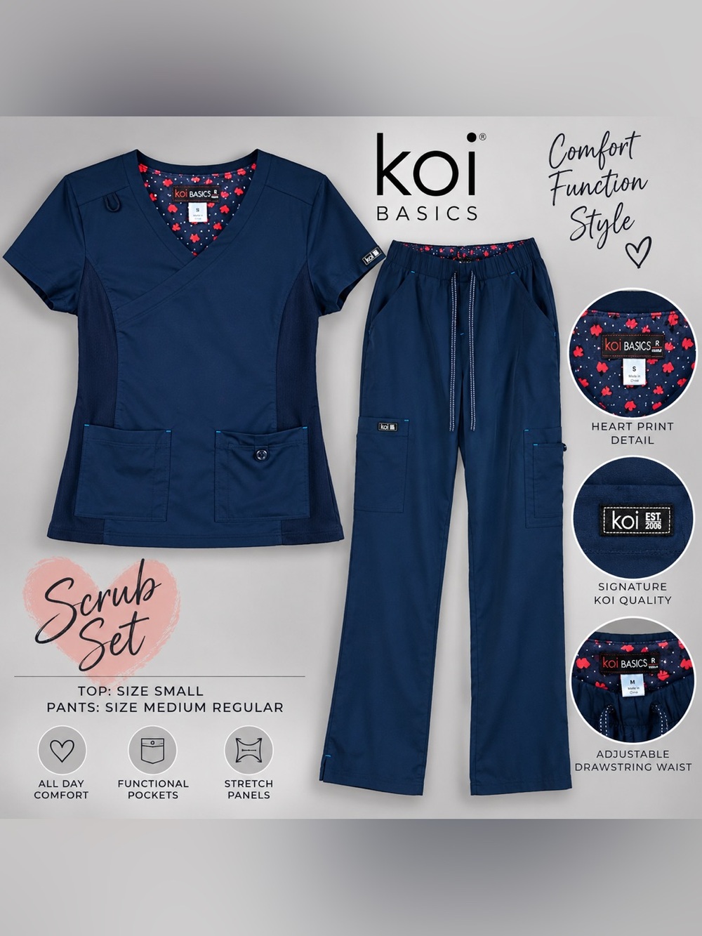 KOI Basics Navy Scrub Set Katie Top S Cargo Pants M Regular